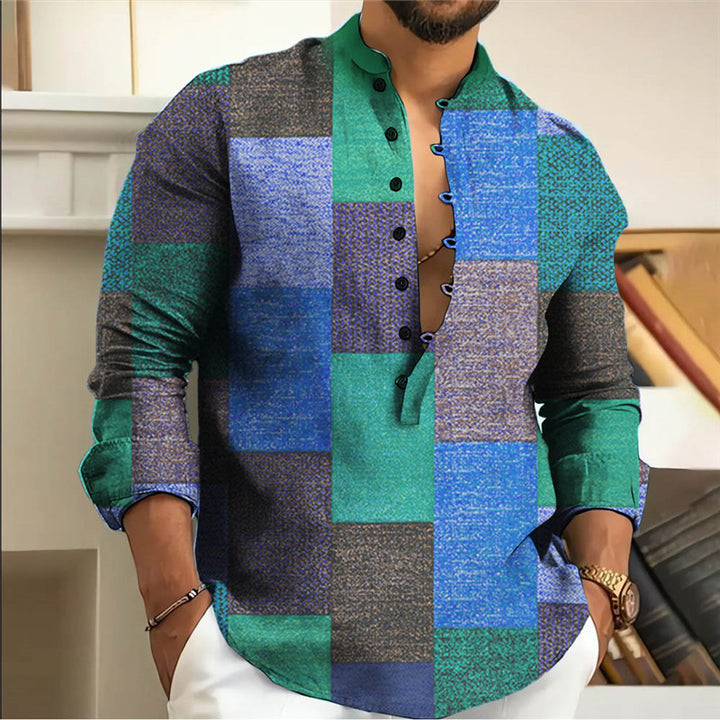 Herren Langarmhemd mit kreativem Patchwork-Design Echoarchiv