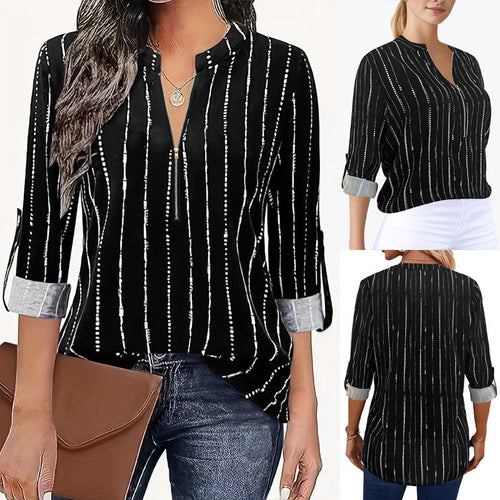 Damen Leichte Viskose-Bluse mit Stehkragen, Reißverschluss und vertikalem Punktstreifen – Élovi