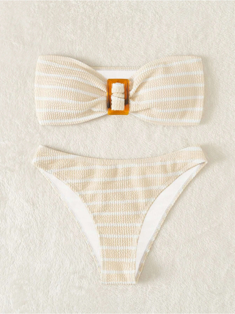 Damen Bandeau-Bikini mit modischem Streifenmuster und dekorativer Schnalle Echo Archiv