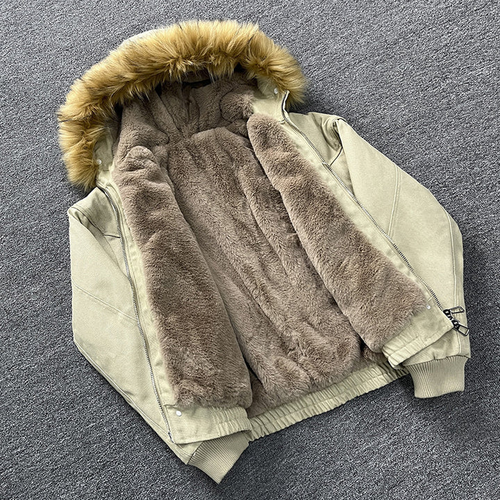 Unisex Wattierte Bomberjacke mit großer Kapuze und Kunstfellbesatz Echoarchiv