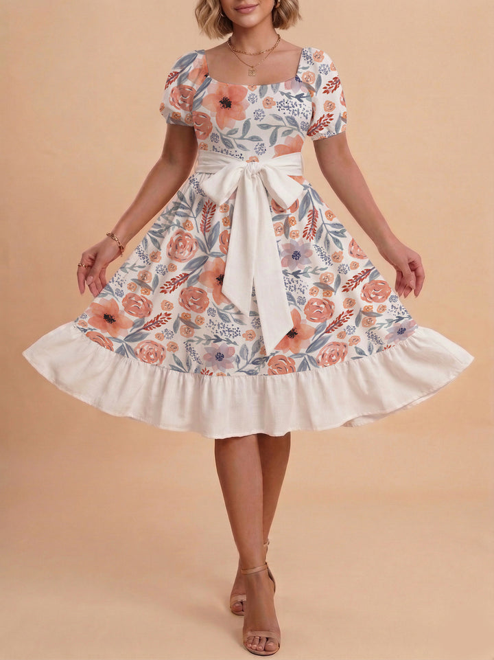 Damen Blumenkleid mit taillierbarem Gürtel und voluminösen Ärmeln Echo Archiv