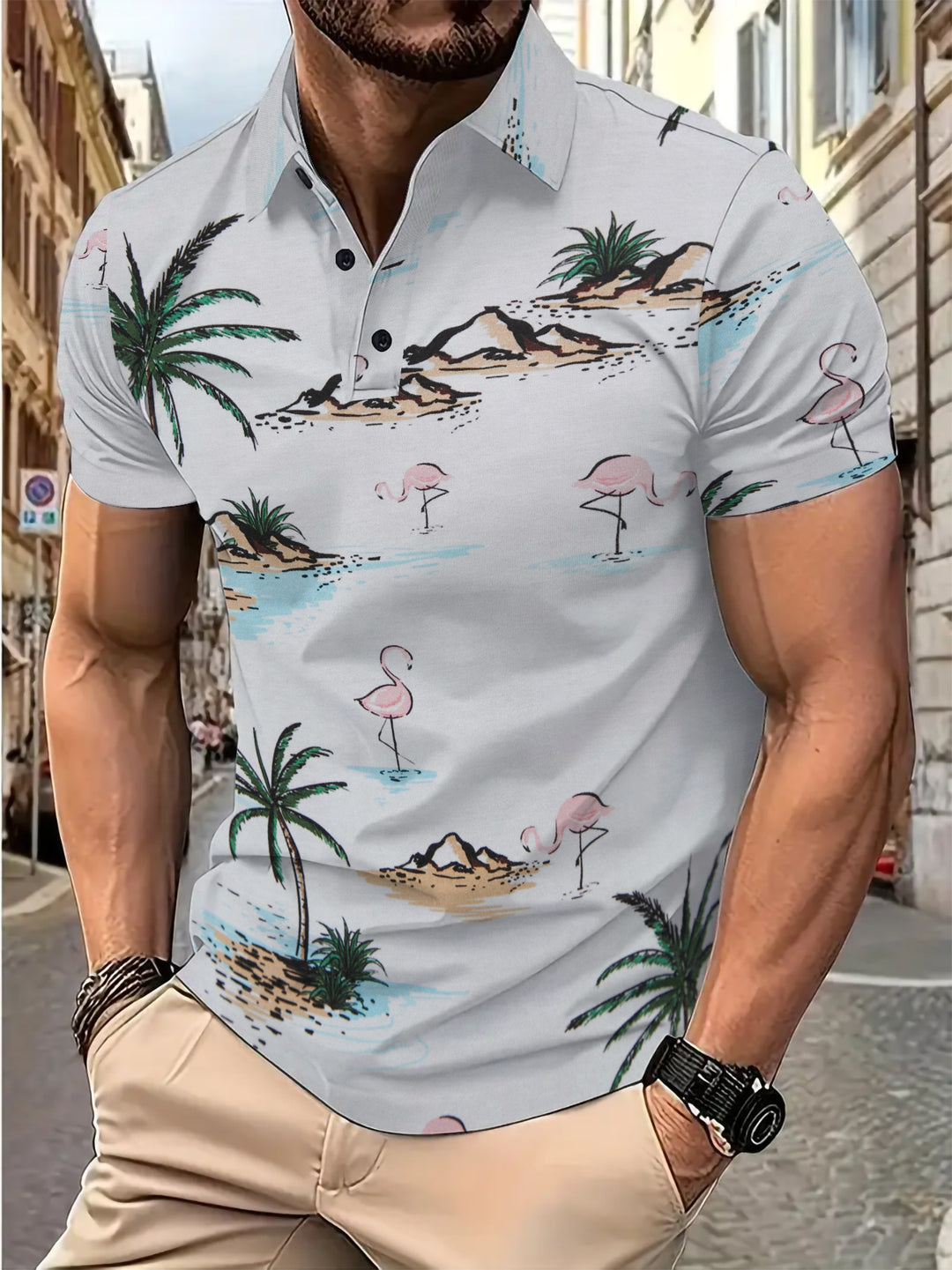 Herren Poloshirt mit tropischem Motiv und modernem Schnitt Echoarchiv