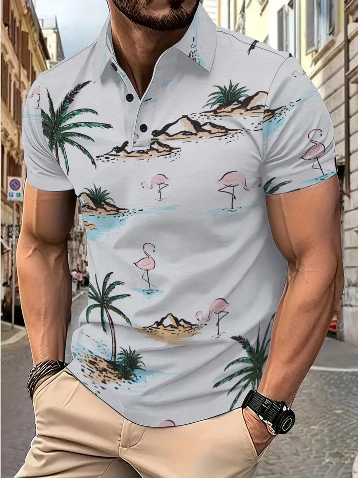 Herren Poloshirt mit tropischem Motiv und modernem Schnitt Echoarchiv