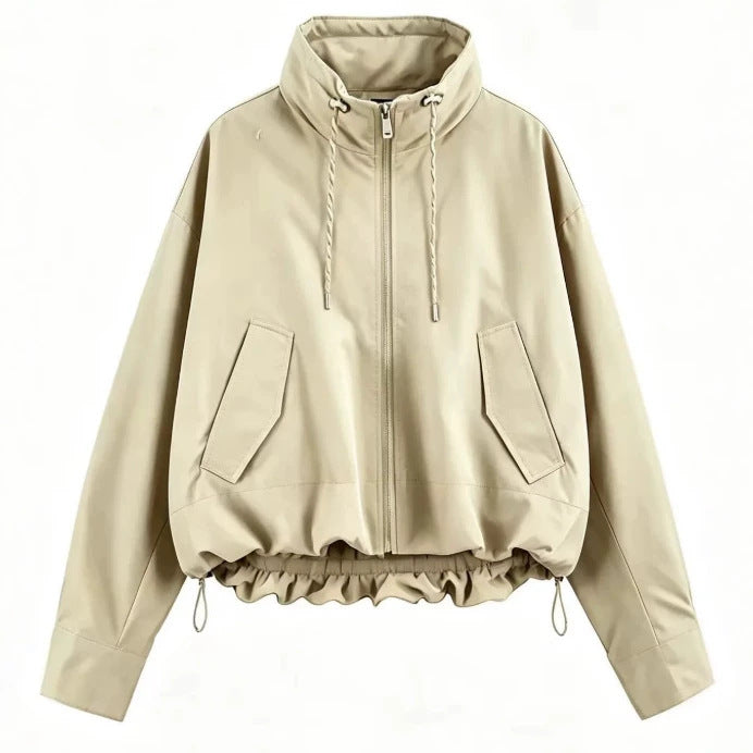 Damen Oversize Cropped Kapuzenjacke mit durchgehendem Reißverschluss, Kordelzug und gerafftem Saum Echo Archiv