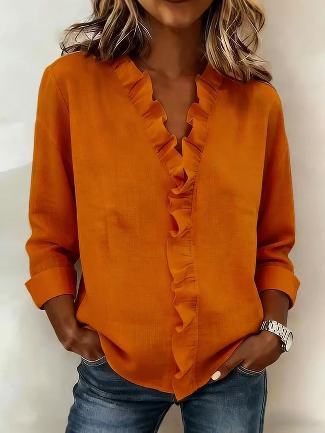 Damen romantische Bluse mit Rüschendetails und V-Ausschnitt – Élovi