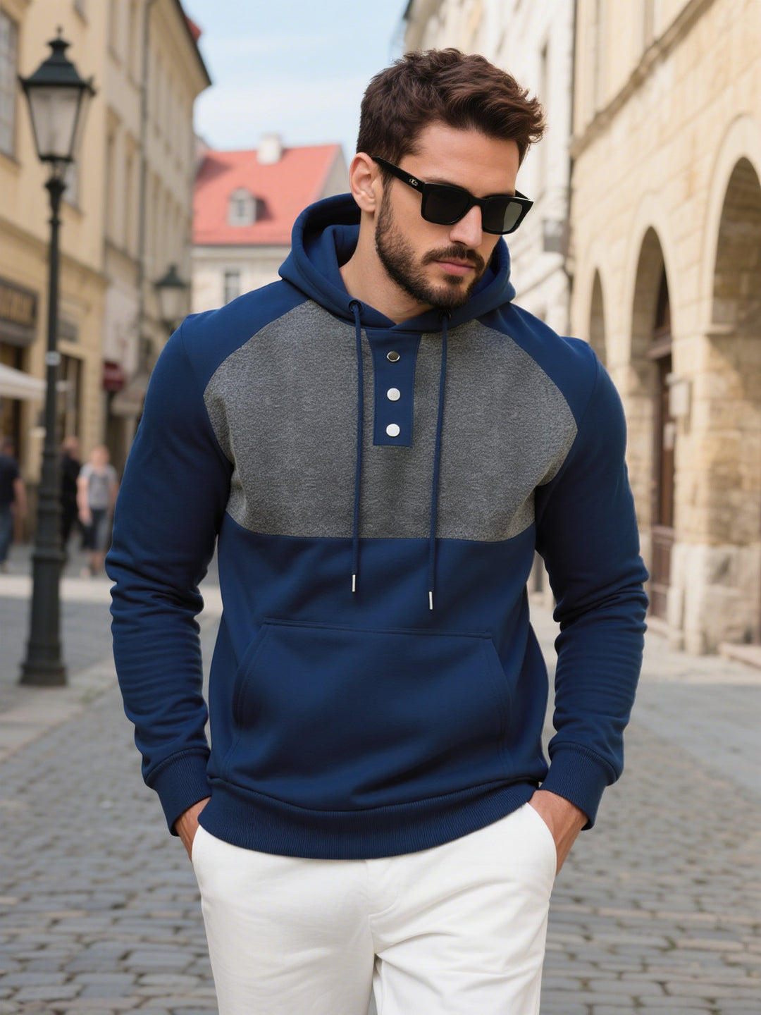 Herren modischer Hoodie mit Knopfleiste und farblich abgesetzten Ärmeln Echoarchiv