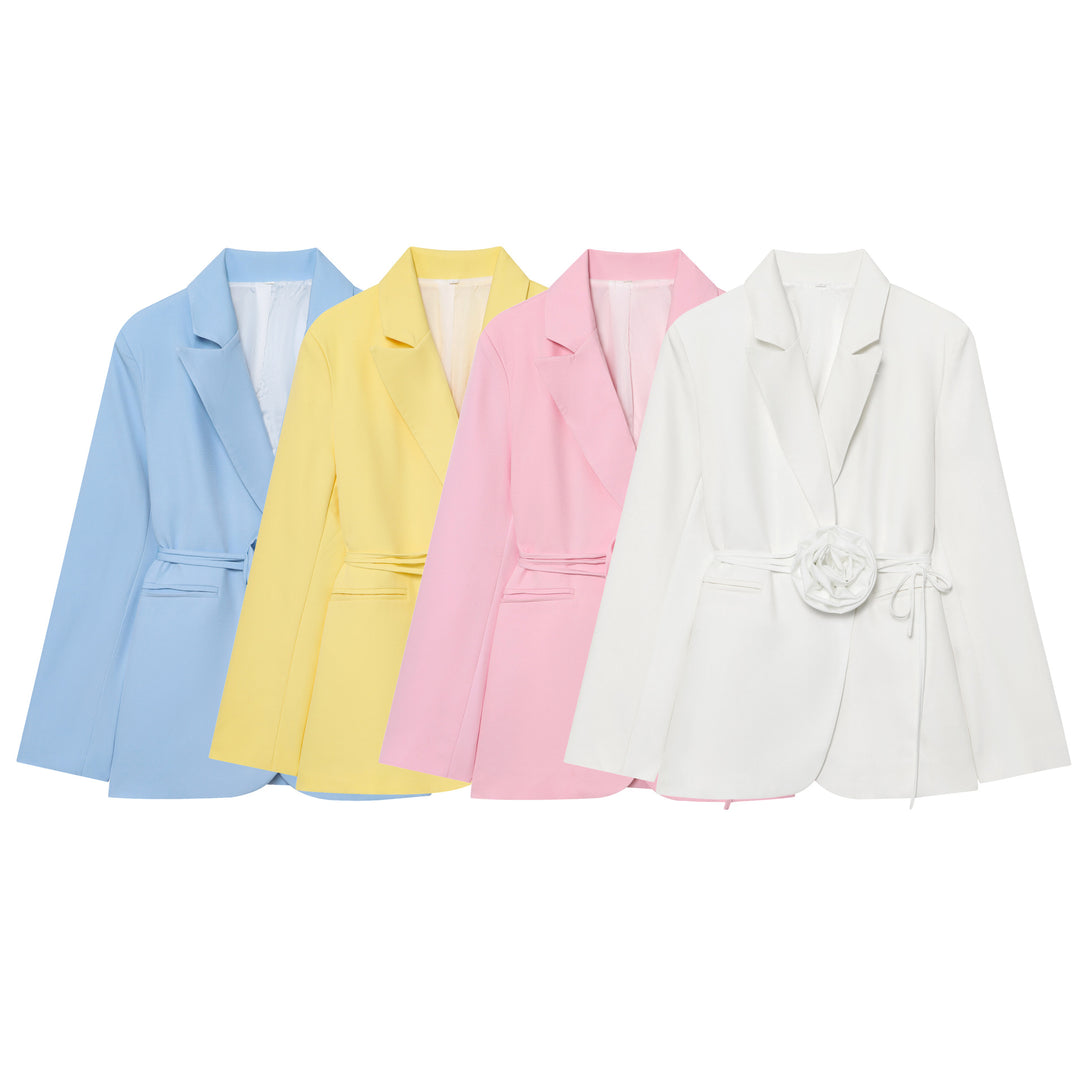 Damen nan taillierter Blazer mit dekorativer Rosenapplikation und Bindegürtel Echo Archiv
