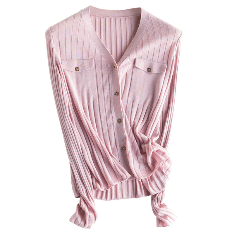 Damen Feiner gerippter Knopfcardigan mit V‑Ausschnitt und Brustklappen Echo Archiv