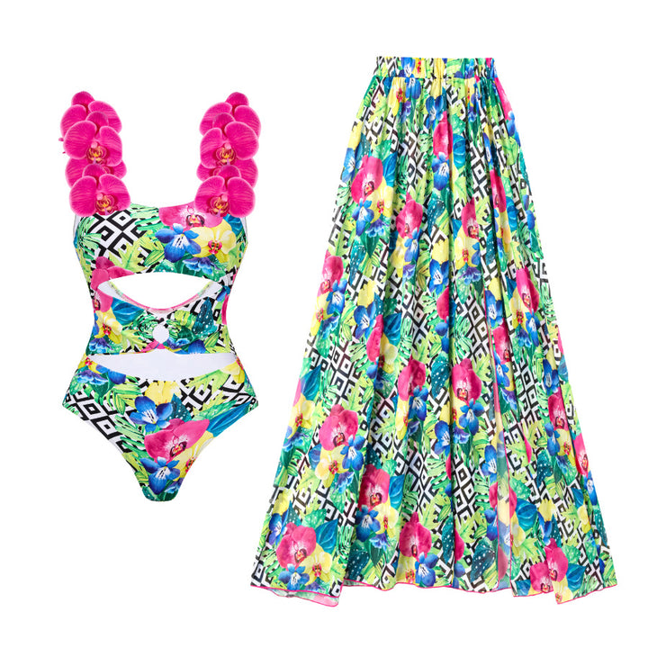 Damen Blumenmuster Badeanzug und Rock Set Echo Archiv