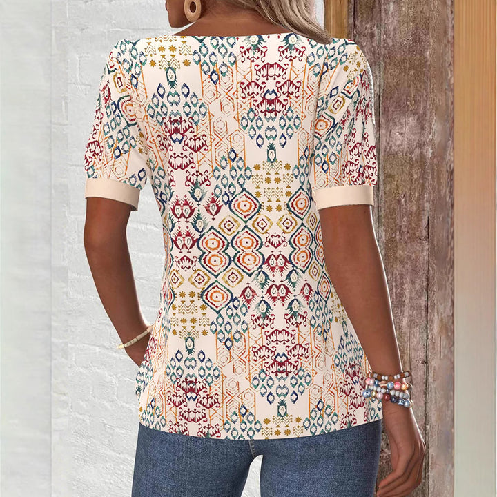 Damen nan Boho-Print Kurzarmshirt mit eckigem Ausschnitt, Kontrastblende und abgerundetem Saum Echo Archiv