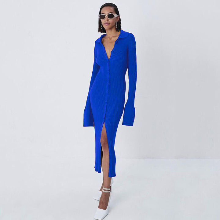 Damen Figurbetontes Rippenstrick-Knopfkleid mit Polokragen Drune