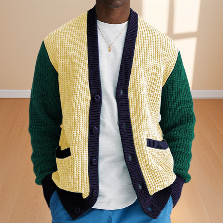 Herren Lässige Strickjacke im modernen Waffelmuster mit Kontrastärmeln und praktischen Taschen Echoarchiv