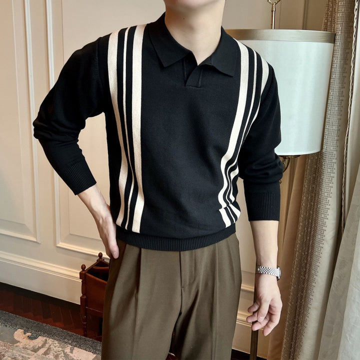 Herren Polokragen-Strickpullover mit markanten Längsstreifen und schmaler Passform Echoarchiv