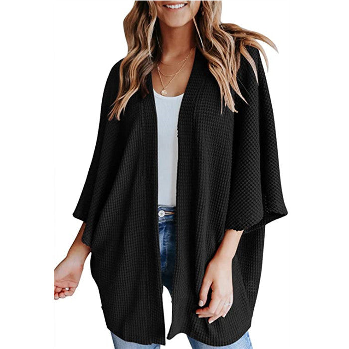 Damen Waffelstrick Offener Kimono-Cardigan mit Fledermausärmeln Echo Archiv