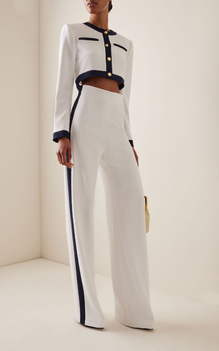 Damen Kurzgeschnittenes Cropped-Tailoring-Set mit Kontrastpaspel und High‑Waist Palazzo-Hose – Avélisse