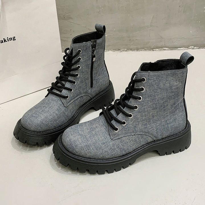 Damen Chunky Combat-Ankleboots aus Denimoptik mit robust profilierter Sohle und seitlichem Reißverschluss Echo Archiv