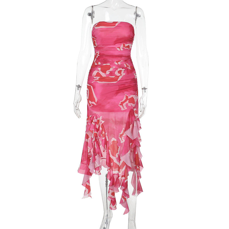 Damen elegantes Rüschenkleid mit trägerlosem Oberteil und asymmetrischem Saum Echo Archiv