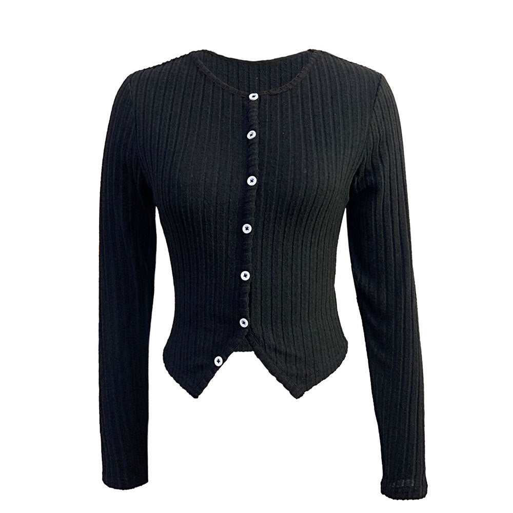 Damen gerippte Cropped-Strickjacke mit spitzem Saum und Knopfverschluss – Veloura