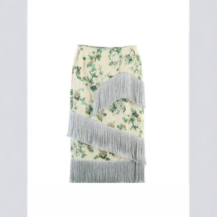 Damen Floral bedruckter Midirock mit diagonalem Fransenbesatz und schlanker Silhouette Echoarchiv