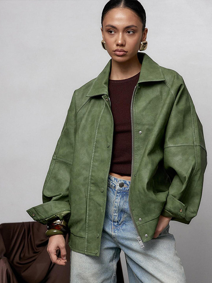 Damen Oversize-Lederimitatjacke im Boxy-Cut mit Raglanärmeln und Zweiwege-Reißverschluss Echoarchiv