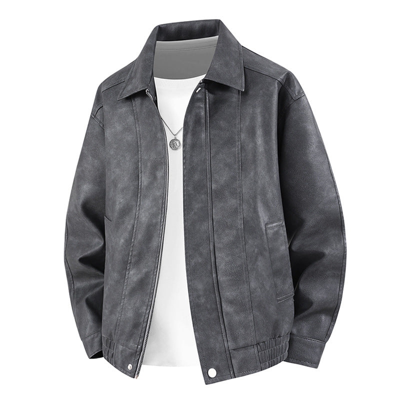 Männer's  distressed Kunstleder Zip-Vorderseite Kragenjacke mit elastischem Saum und gefütterten Taschen Echo Archiv