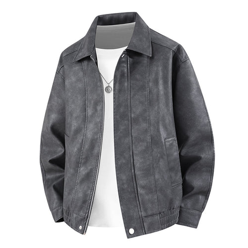 Männer's  distressed Kunstleder Zip-Vorderseite Kragenjacke mit elastischem Saum und gefütterten Taschen Echo Archiv