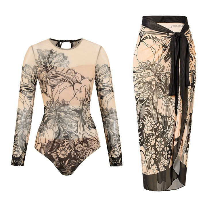 Damen Einteiler Badeanzug mit floralem Design und modischen Langarmhosen Echo Archiv