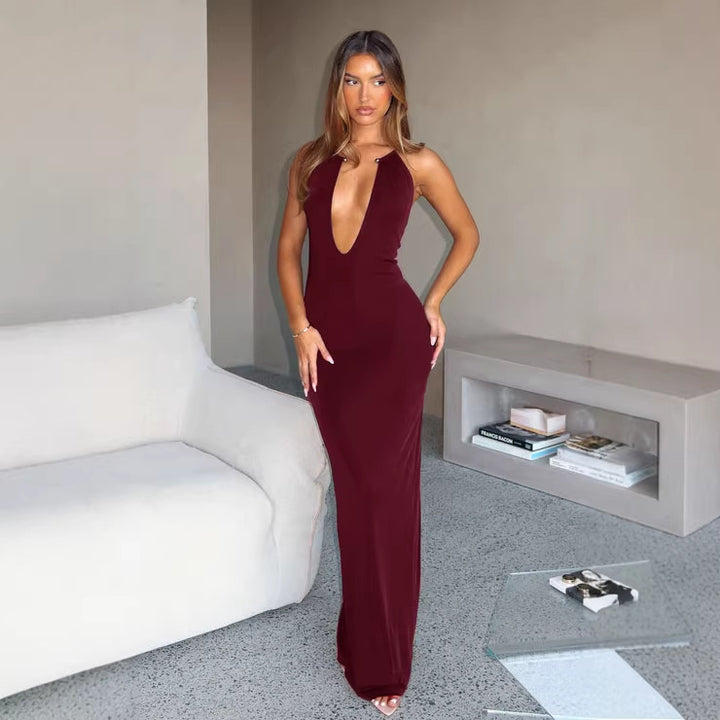 Damen Elegantes Maxikleid mit tiefem V-Ausschnitt und figurbetontem Schnitt Echo Archiv