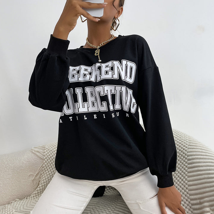 Damen Oversize Sweatshirt mit College-Print und Rundhalsausschnitt Echoarchiv