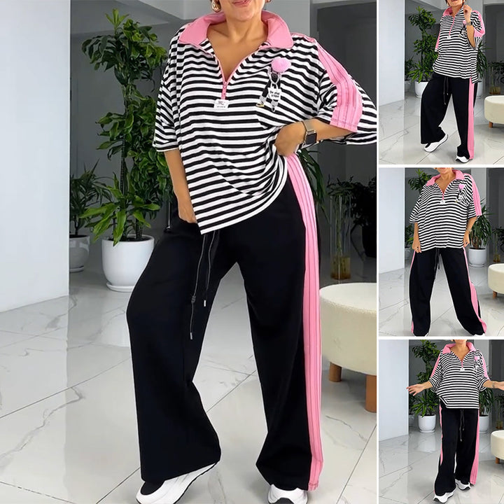 Damen nan lässiges zweiteiliges Polo-Lounge-Set mit Oversize-Streifen, Pompom-Applikation und kontrastierenden Seitenbahnen Echo Archiv