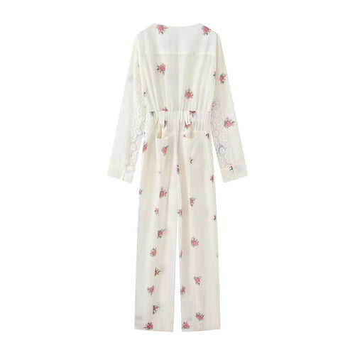 Damen Langer Jumpsuit mit Blumenprint, V-Ausschnitt, Reißverschluss und Tunnelzug Echoarchiv