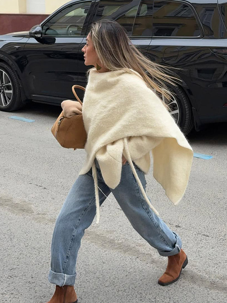 Damen Oversize Wollmix-Poncho mit asymmetrischem Fall und Bindebändern Echoarchiv