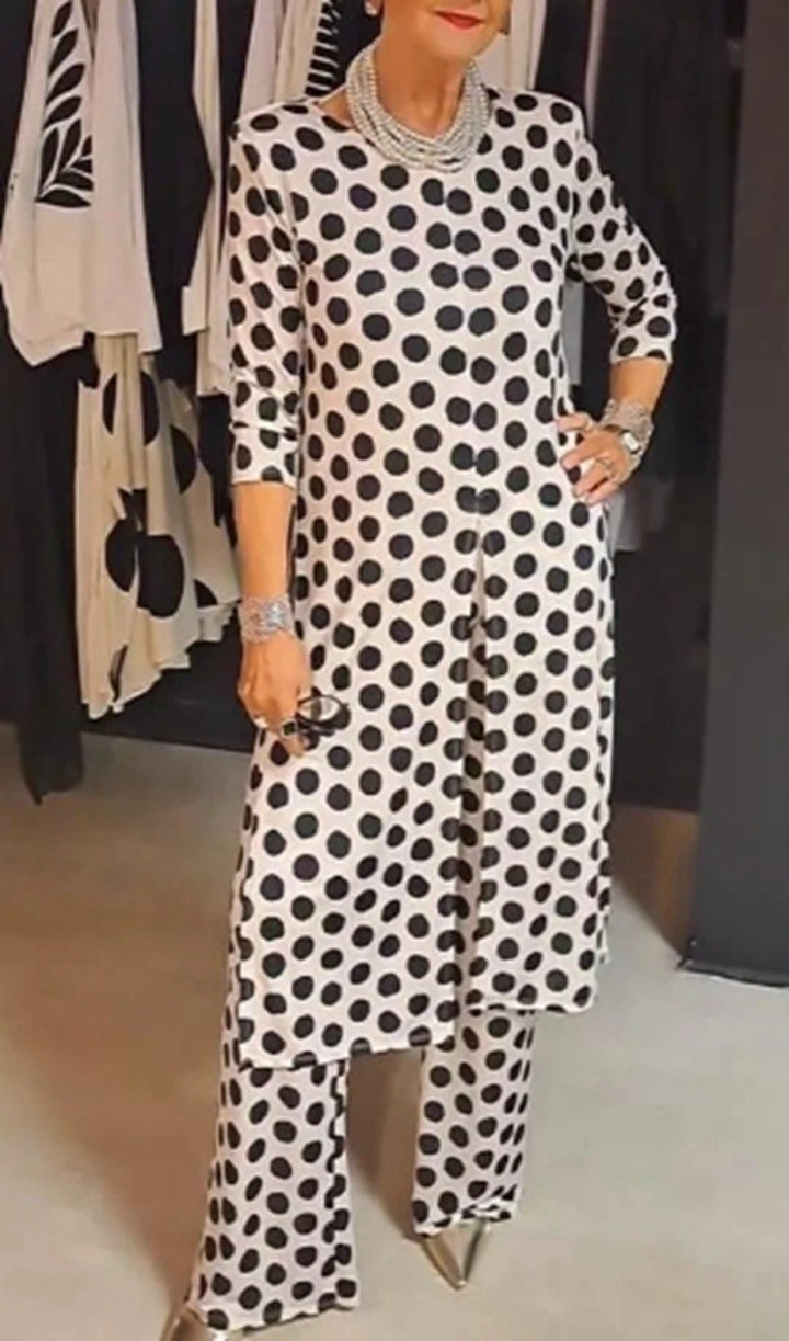 Damen nan Pünktchen-Lounge-Ensemble mit langer A-Linien-Tunika, mittigem Frontschlitz und weiter Palazzohose Echo Archiv