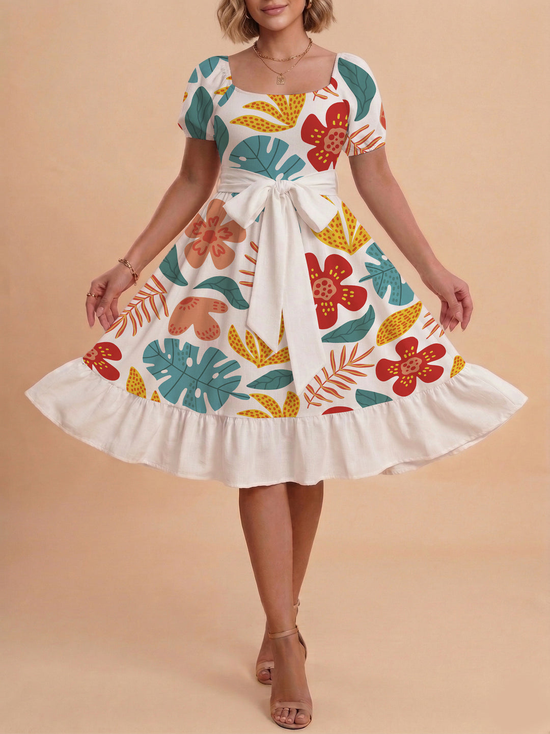 Damen Sommerliches Blumenkleid mit taillierbarem Gürtel und voluminösen Ärmeln Echo Archiv