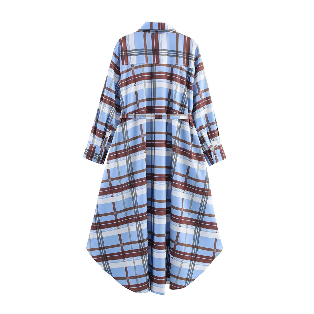 Damen kariertes Hemdblusenkleid mit Taillengürtel, durchgehender Knopfleiste und abgerundetem Hoch-Tief-Saum – Élara
