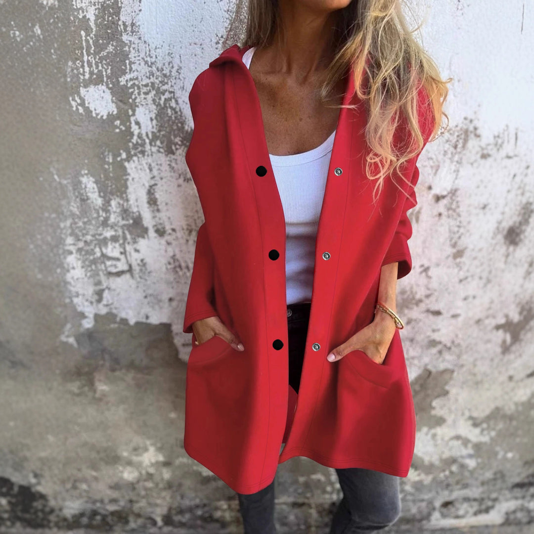 Damen Langer Kapuzen-Cardigan mit Druckknopfleiste, Eingrifftaschen und legerer Silhouette – Veloura