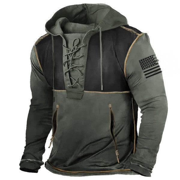 Herren Kapuzenpullover mit angesagtem Schnürdetail und amerikanischem Flaggenmotiv Echoarchiv