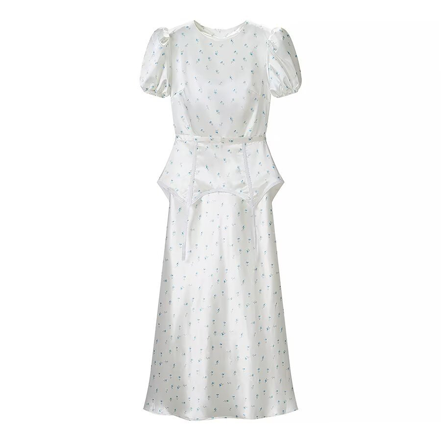 Damen Midikleid aus Satin mit Puffärmeln, integrierter Korsagen-Peplum und zartem Blumenprint Echo Archiv
