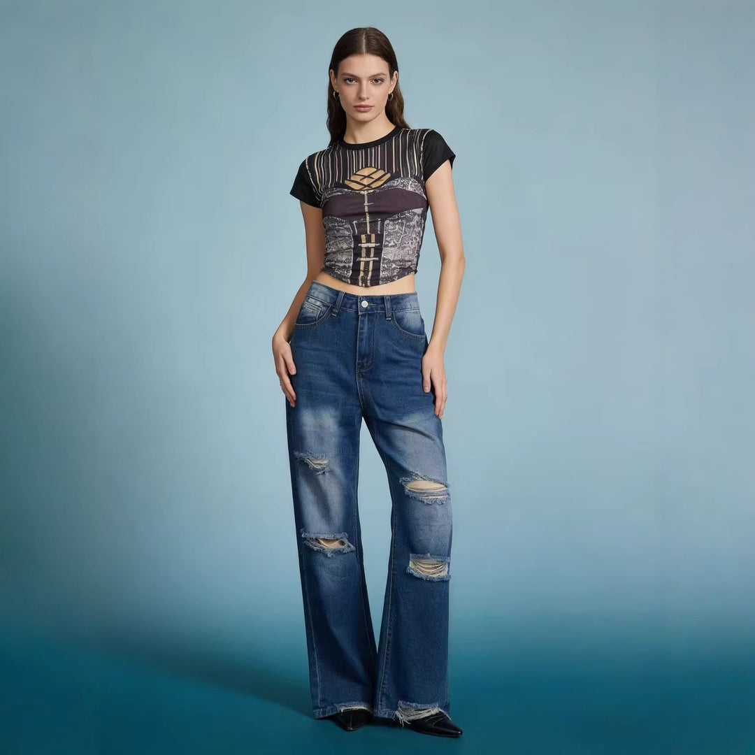 Damen nan hochgeschnittene Relaxed-Jeans mit weitem Bein, Knie-Rips und rohem Saum Echo Archiv
