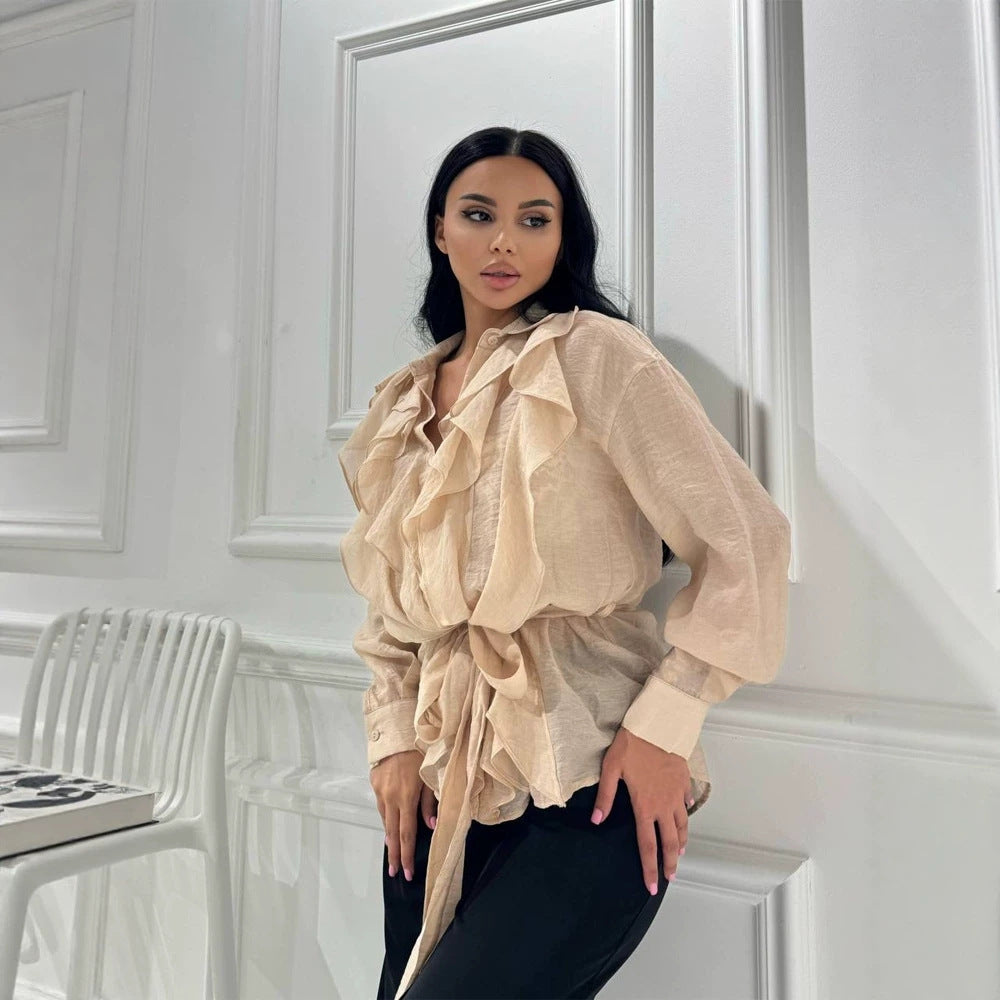 Damen Rüschige Chiffon‑Bluse mit Bindegürtel und Volants Echoarchiv