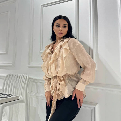 Damen Rüschige Chiffon‑Bluse mit Bindegürtel und Volants Echoarchiv