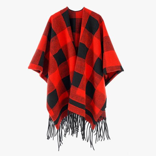Damen Capeponcho im Plaid-Wickelstil aus Wollmix mit Fransensaum – Montévia