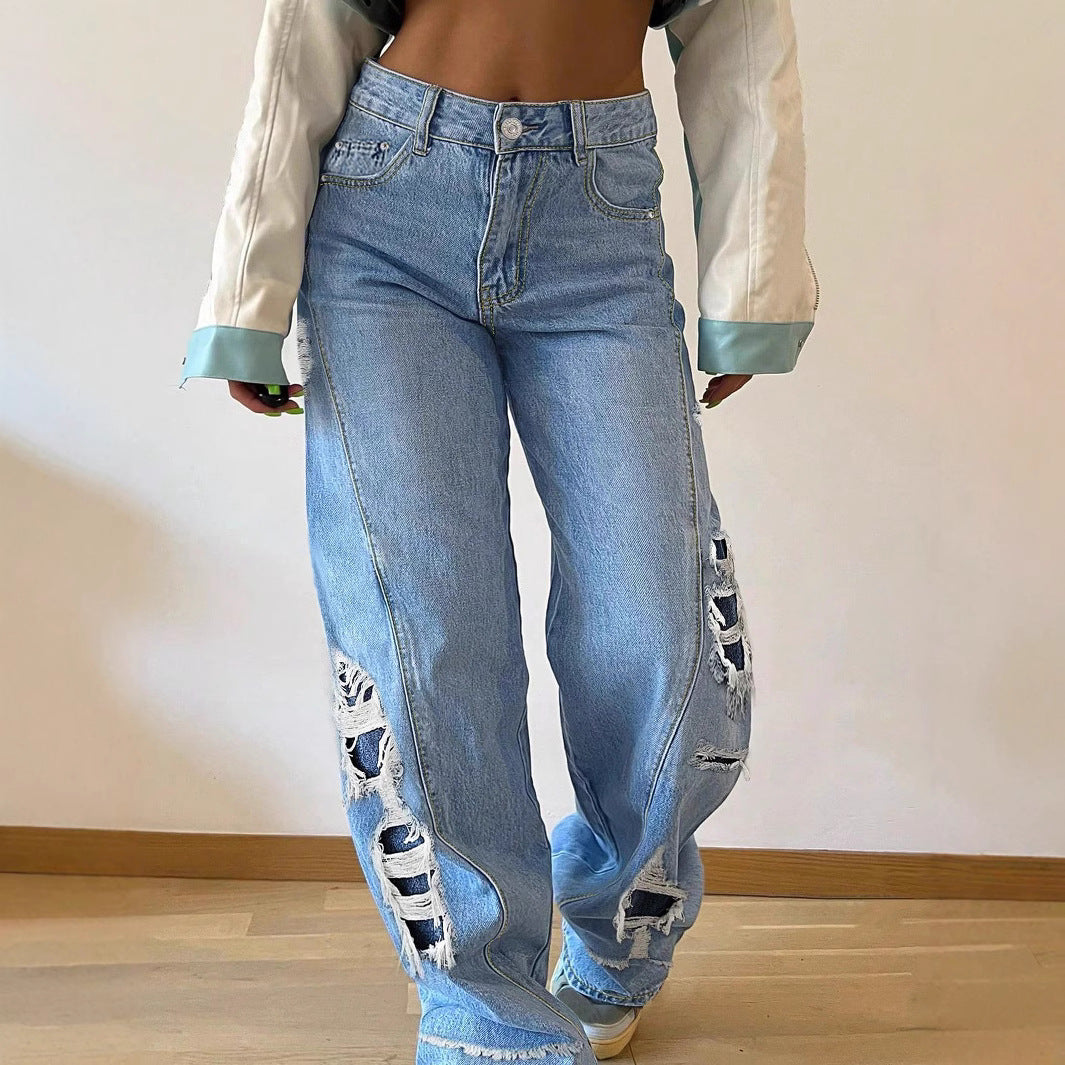 Damen weite Destroyed-Jeans mit seitlichen Cutouts und kontrastierten Unterlagen Echo Archiv