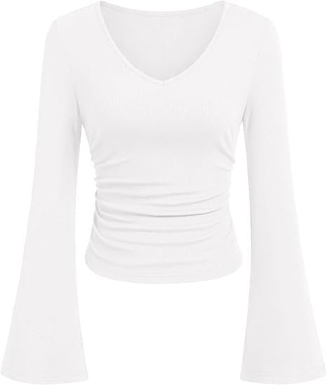 Damen Geripptes Cropped-Top mit V-Ausschnitt, taillierter Raffung und ausgestellten Trompetenärmeln – Orélia