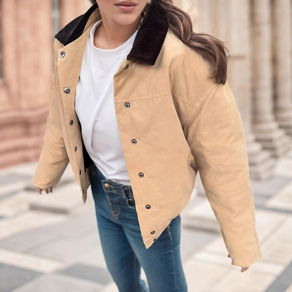 Damen Kurzer Cord-Workwear-Blouson mit Kontrastkragen Echoarchiv