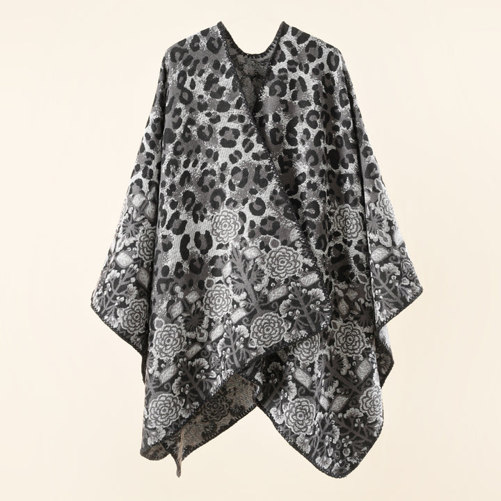 Damen Jacquard-Überwurfponcho im kastigen Kimono-Fall mit floral-animalischem Muster Echo Archiv
