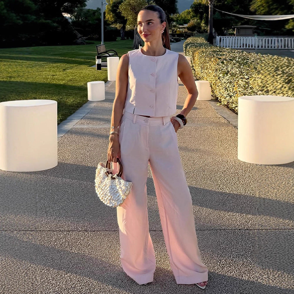 Damen Hochtaillierte weite Sommerhose mit Bügelfalte und Eingrifftaschen Echoarchiv
