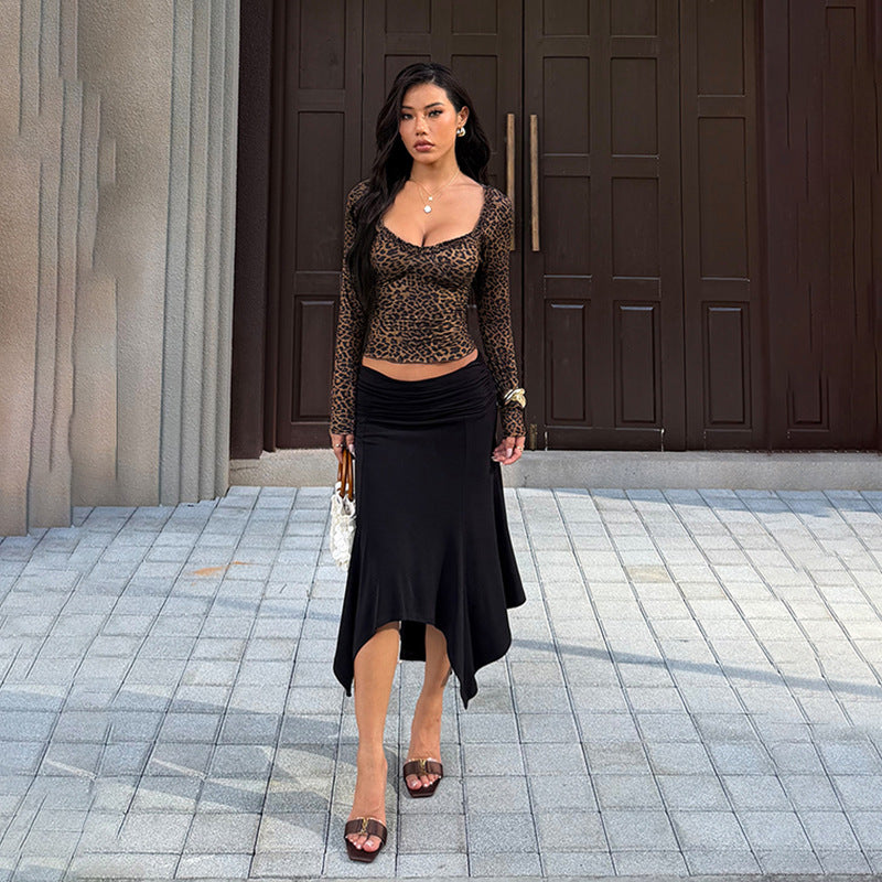 Damen elegantes Leopardenmuster Langarmoberteil Echo Archiv