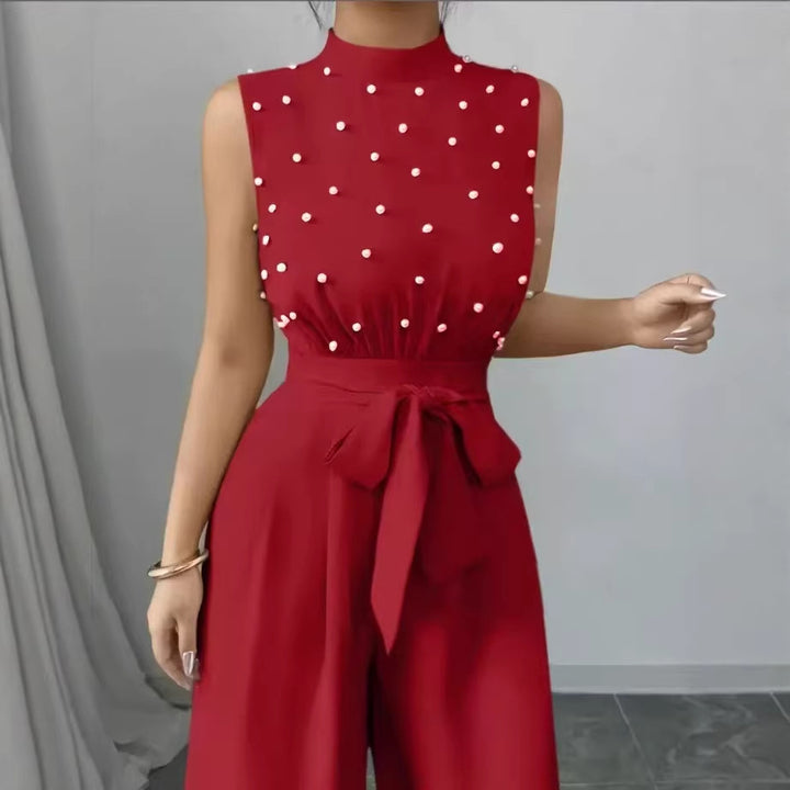 Damen Eleganter Jumpsuit mit Perlenbesatz, Stehkragen und weitem Palazzo-Bein – Solévia