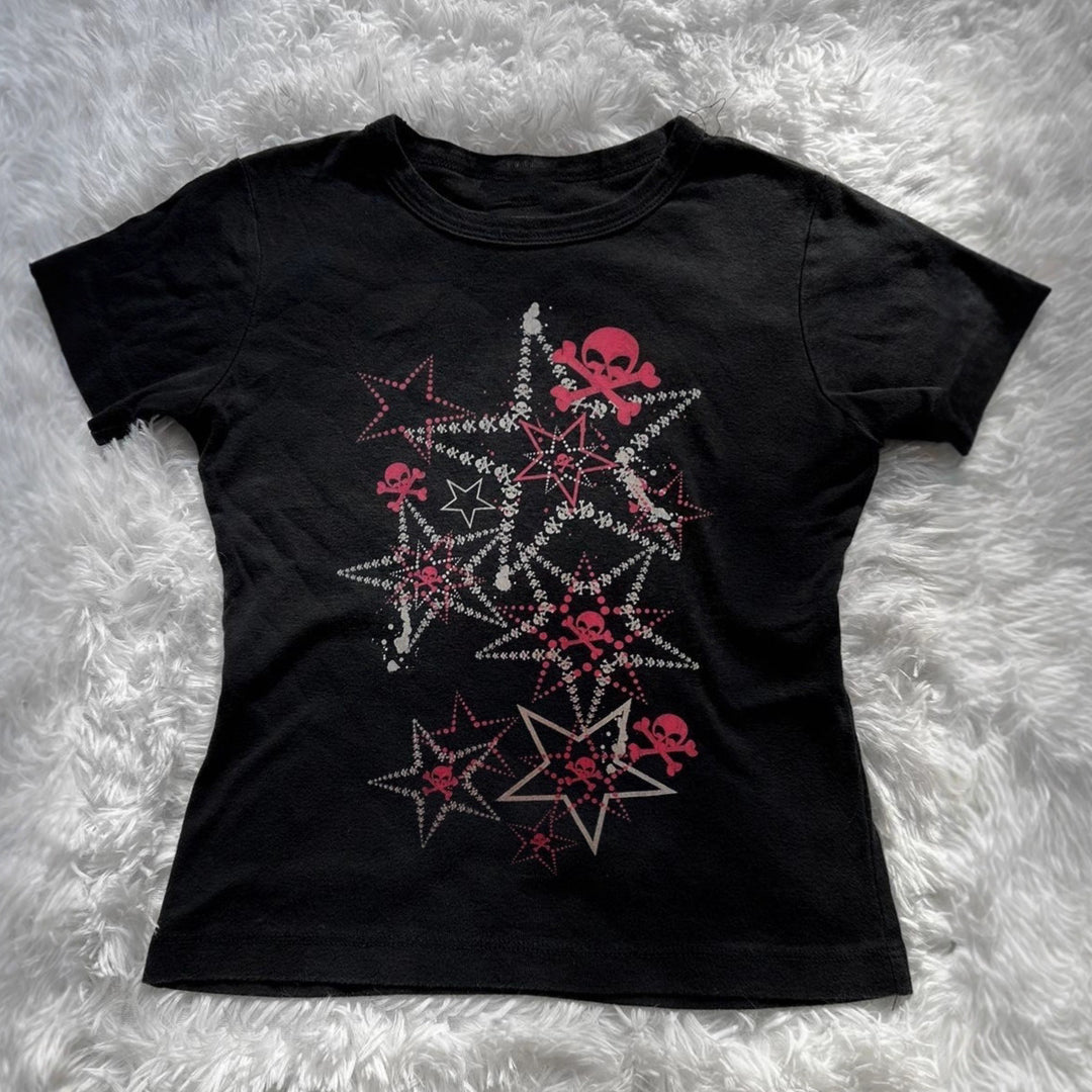 Damen T-Shirt mit kreativem Skull-Design und auffälligem Sternen-Print Echo Archiv